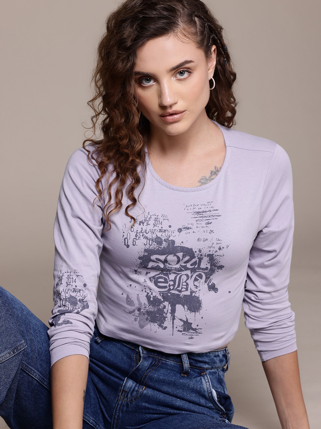 

The Roadster Lifestyle Co. Women Printed Pure Cotton Crop T-shirt, Lavender