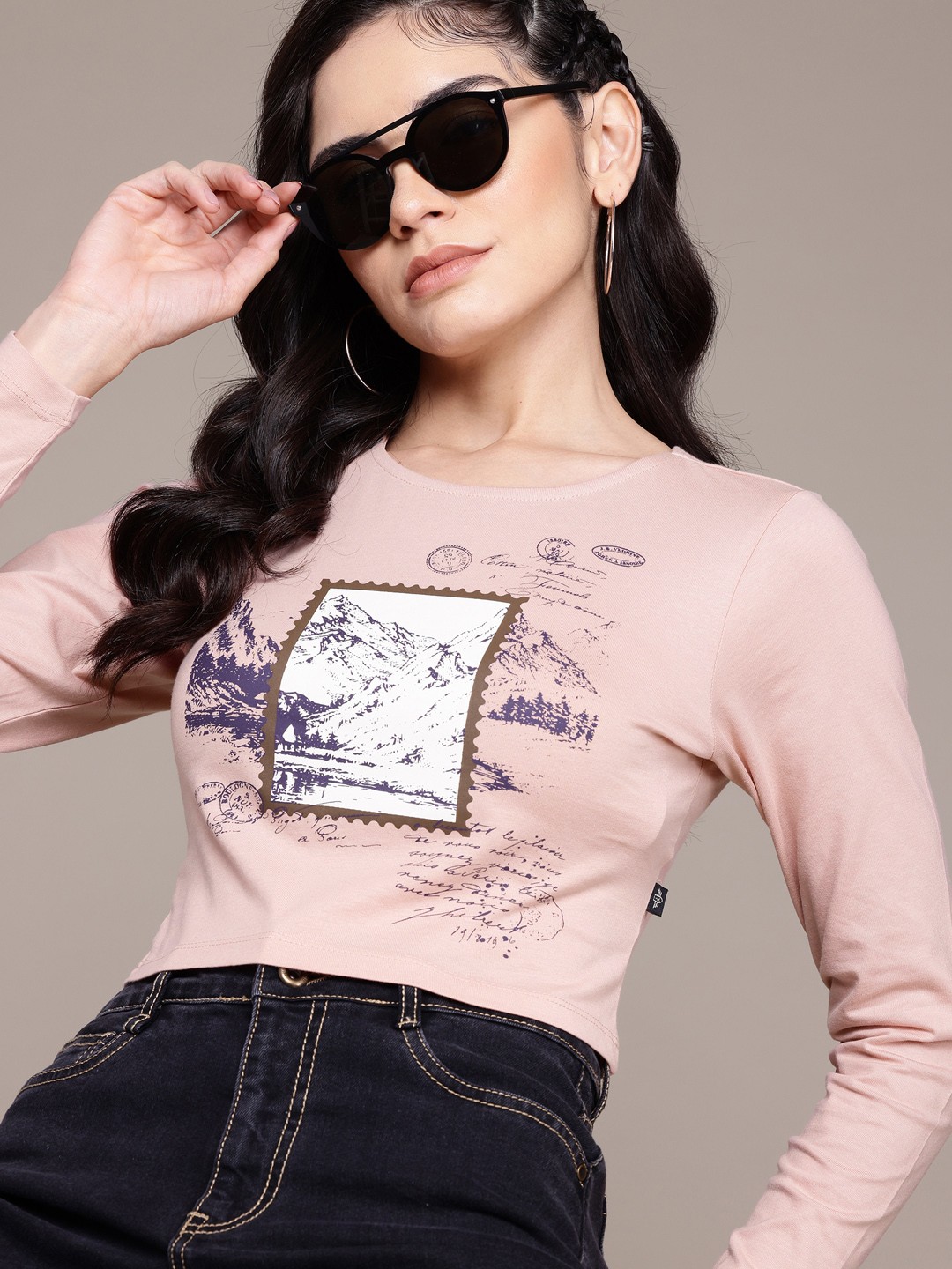 

Roadster The Lifestyle Co. Graphic Printed Pure Cotton Crop T-shirt, Peach