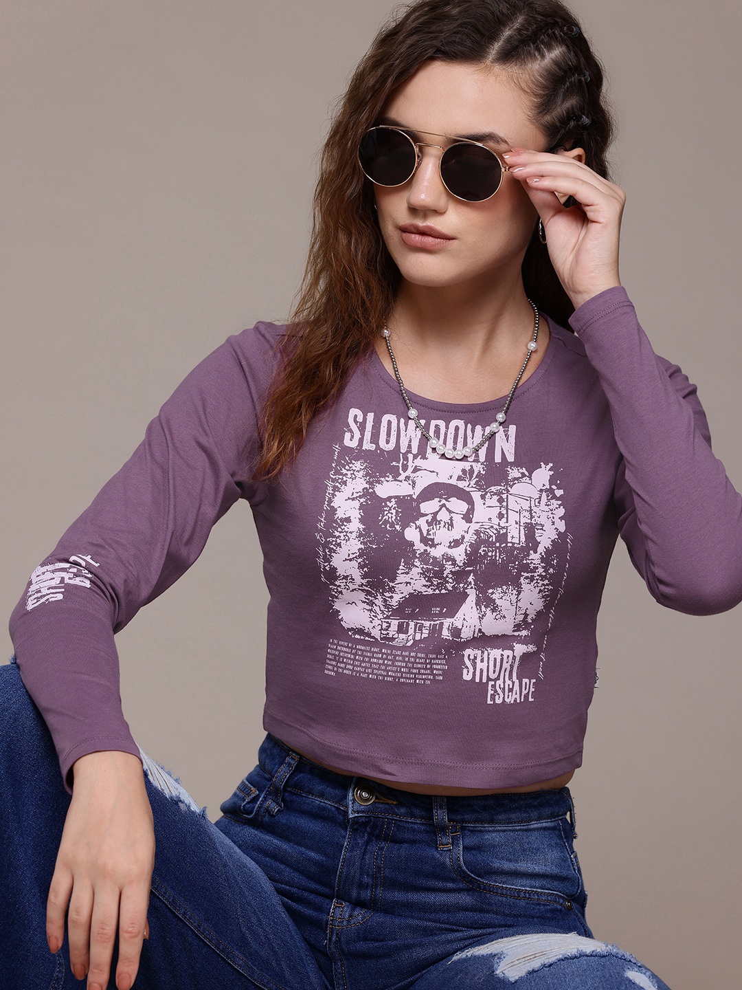 

The Roadster Lifestyle Co. Women Typography Printed Pure Cotton Crop T-shirt, Purple
