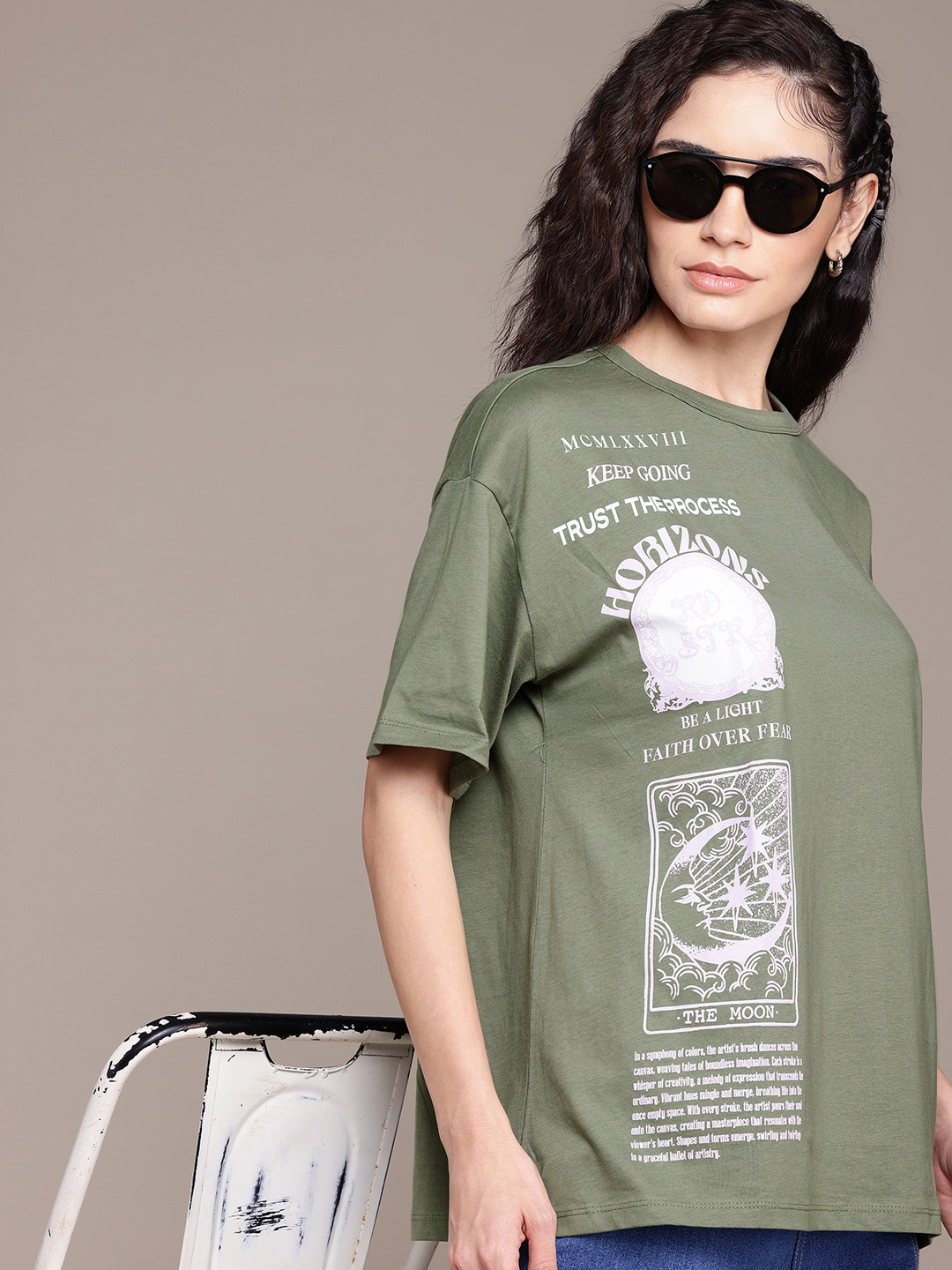 

The Roadster Lifestyle Co. Printed Pure Cotton Oversized T-shirt, Green