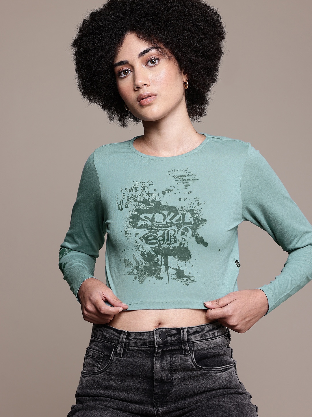 

The Roadster Lifestyle Co. Women Printed Pure Cotton Crop T-shirt, Green