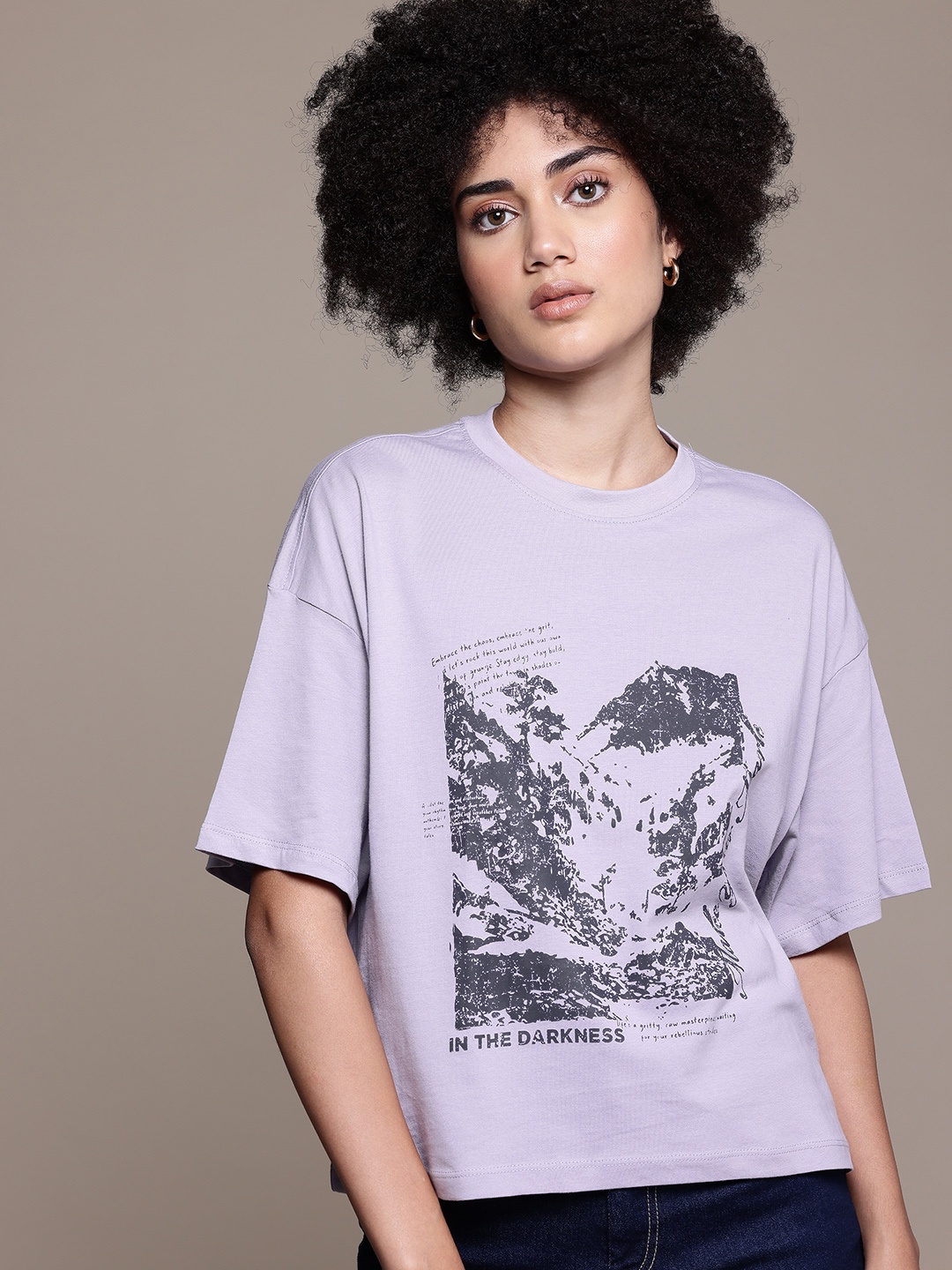 

The Roadster Lifestyle Co. Printed Relaxed Pure Cotton T-shirt, Lavender
