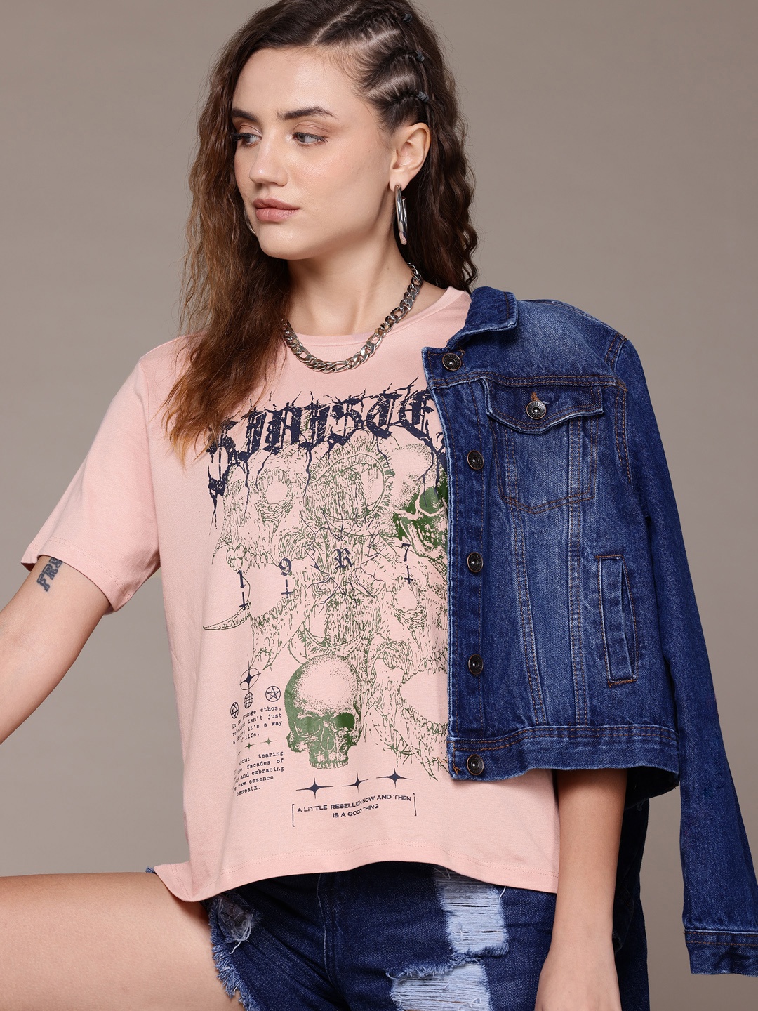 

The Roadster Lifestyle Co. Women Printed Pure Cotton T-shirt, Pink