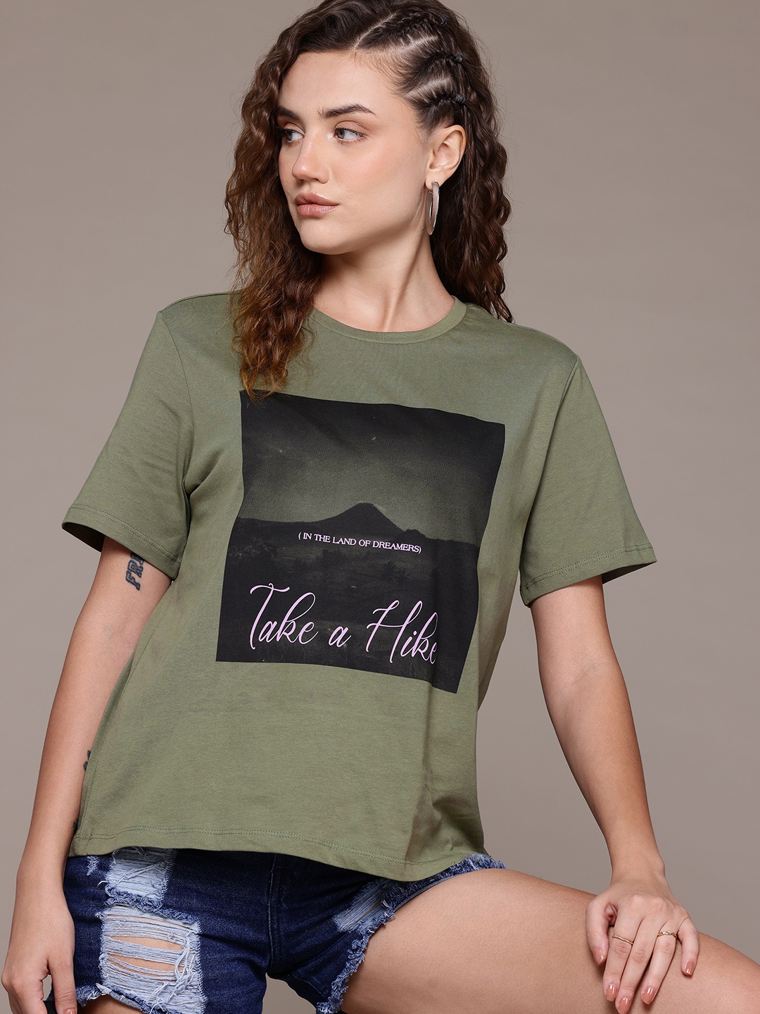 

The Roadster Lifestyle Co. Printed Drop-Shoulder Sleeves Pure Cotton T-shirt, Olive