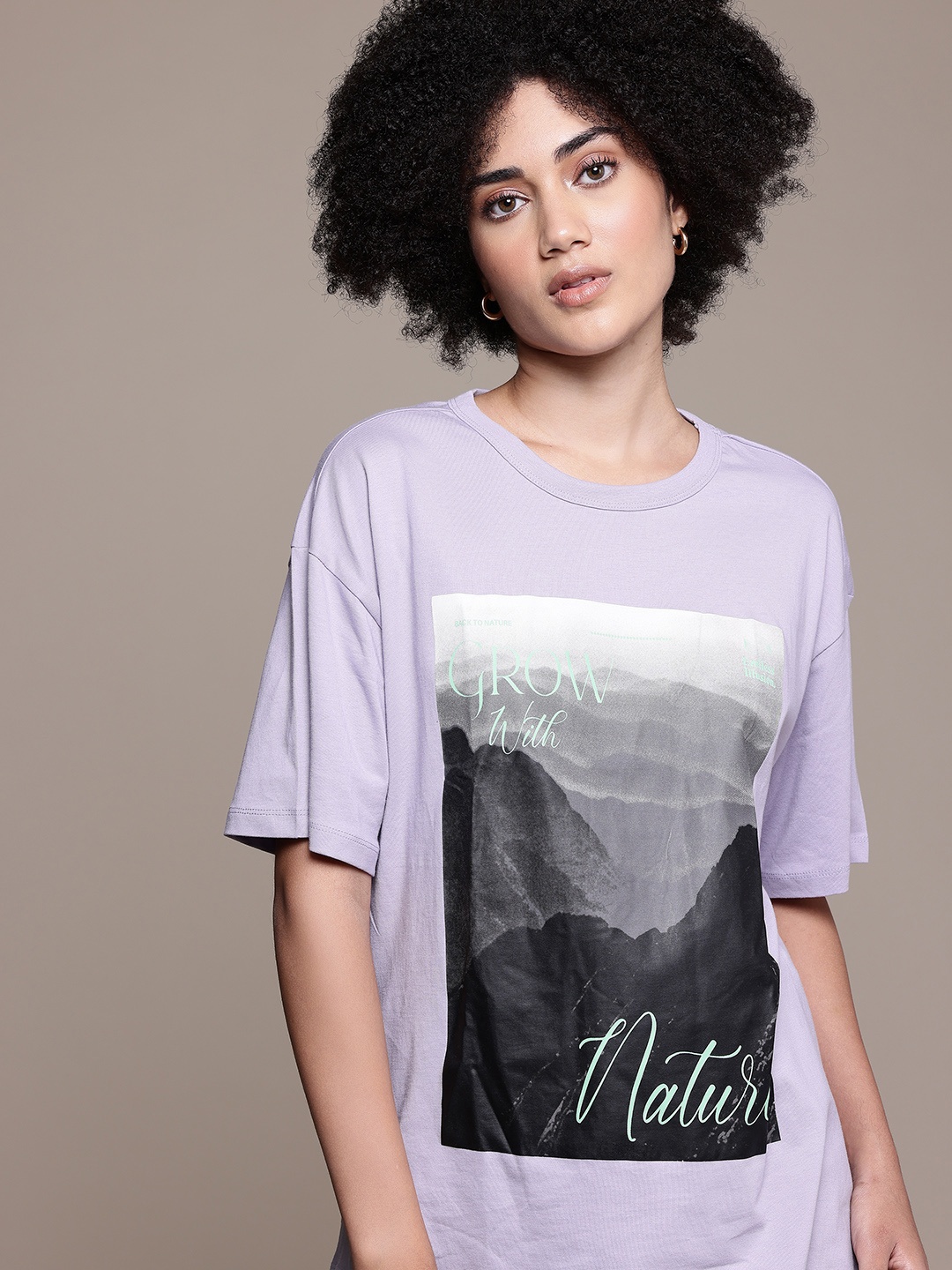 

The Roadster Lifestyle Co. Women Printed Pure Cotton Relaxed Fit T-shirt, Lavender