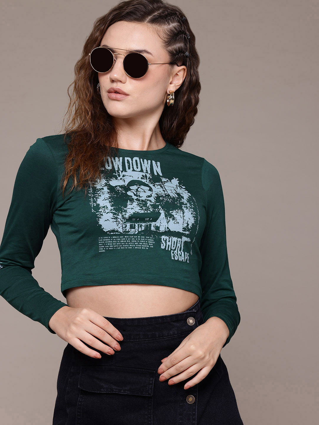 

The Roadster Lifestyle Co. Women Printed Pure Cotton Crop T-shirt, Green