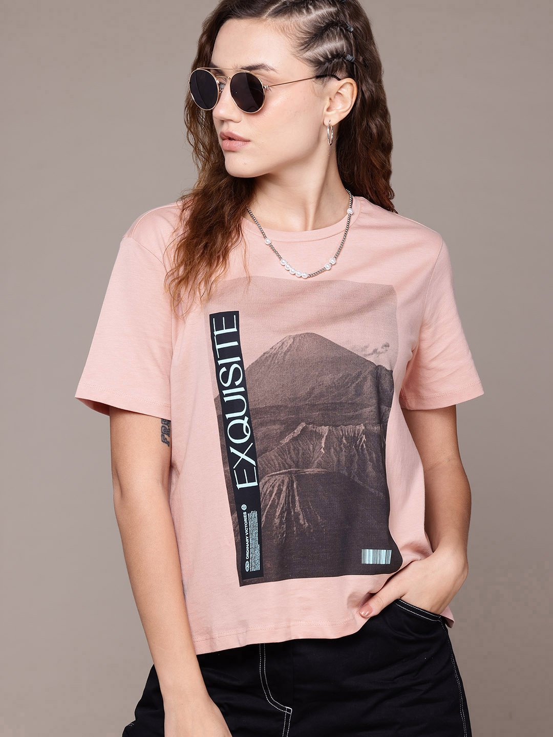 

The Roadster Lifestyle Co. Women Printed Pure Cotton T-shirt, Pink