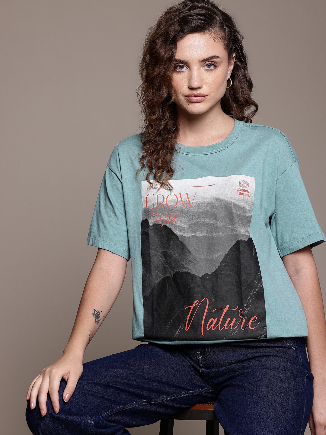 

The Roadster Lifestyle Co. Women Printed Pure Cotton Relaxed Fit T-shirt, Green