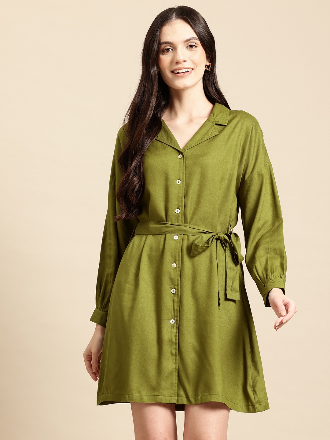 

Mast & Harbour Belted Shirt Dress, Olive
