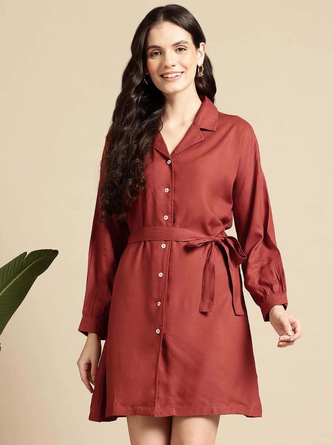 

Mast & Harbour Shirt Dress with Belt, Maroon