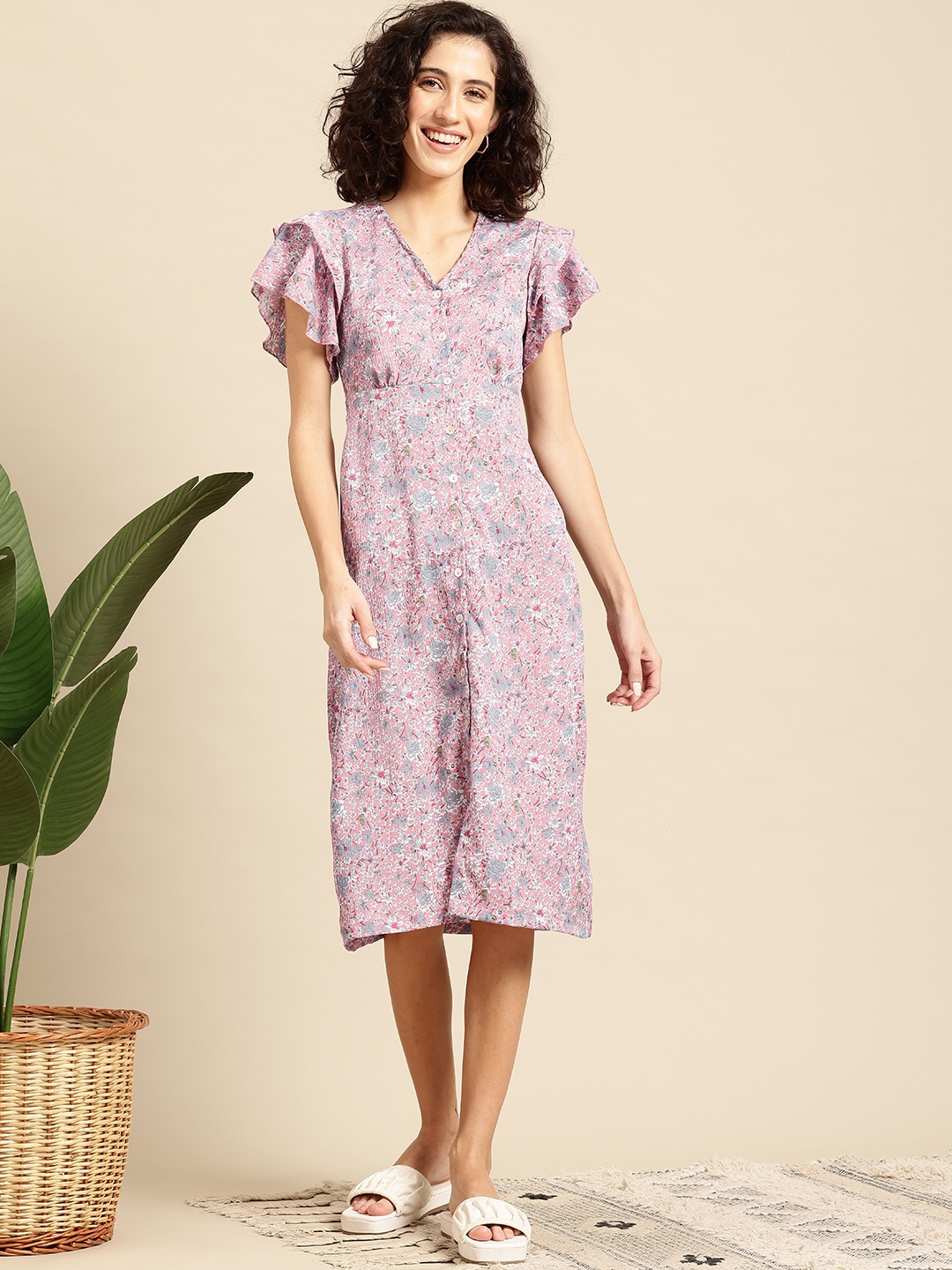 

Mast & Harbour Floral Print Cut-Out Back A-Line Midi Dress, Pink