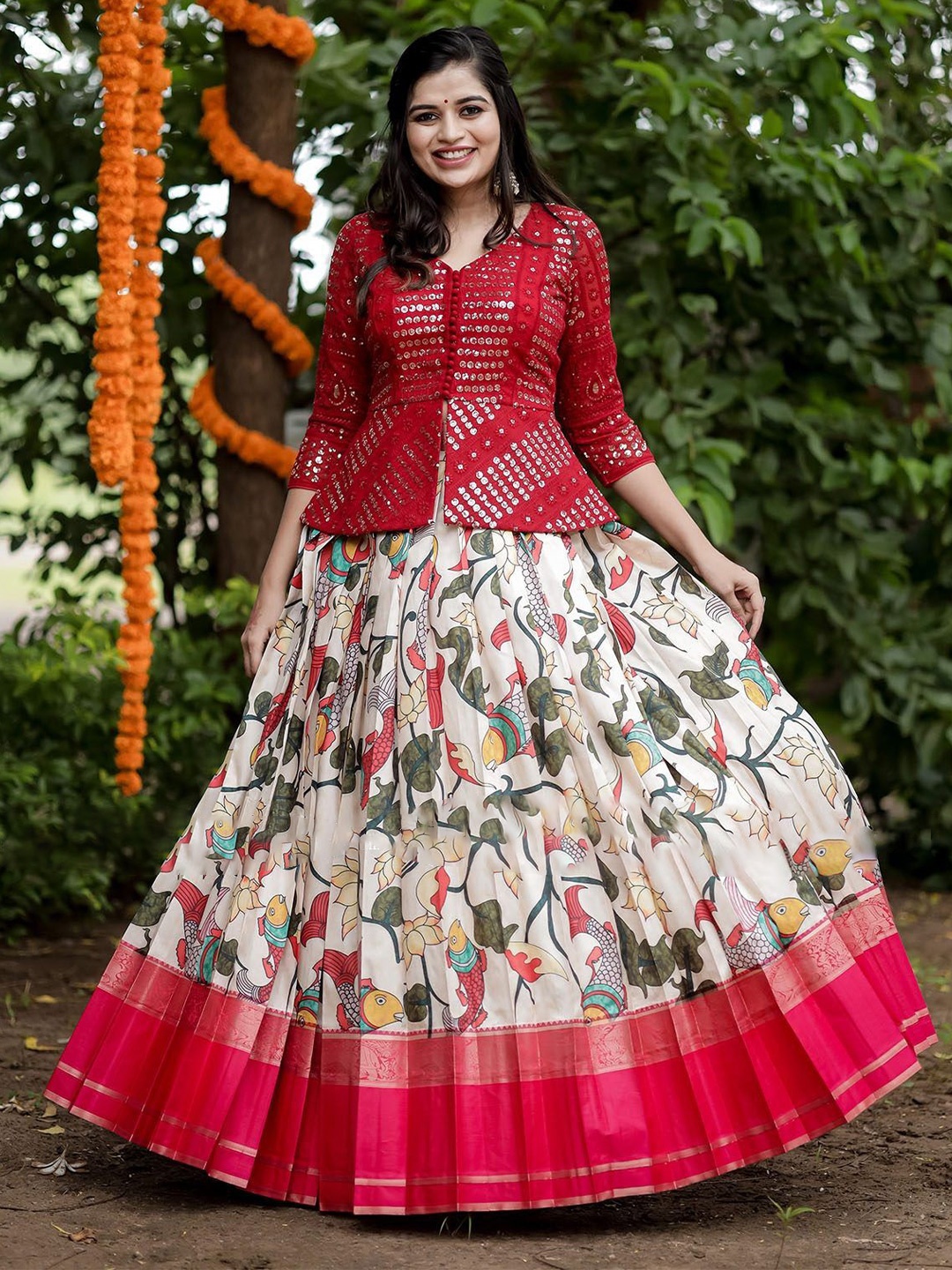 

Bullion Knot Embroidered Sequinned Kalamkari Silk Ready to Wear Lehenga & Blouse, Red