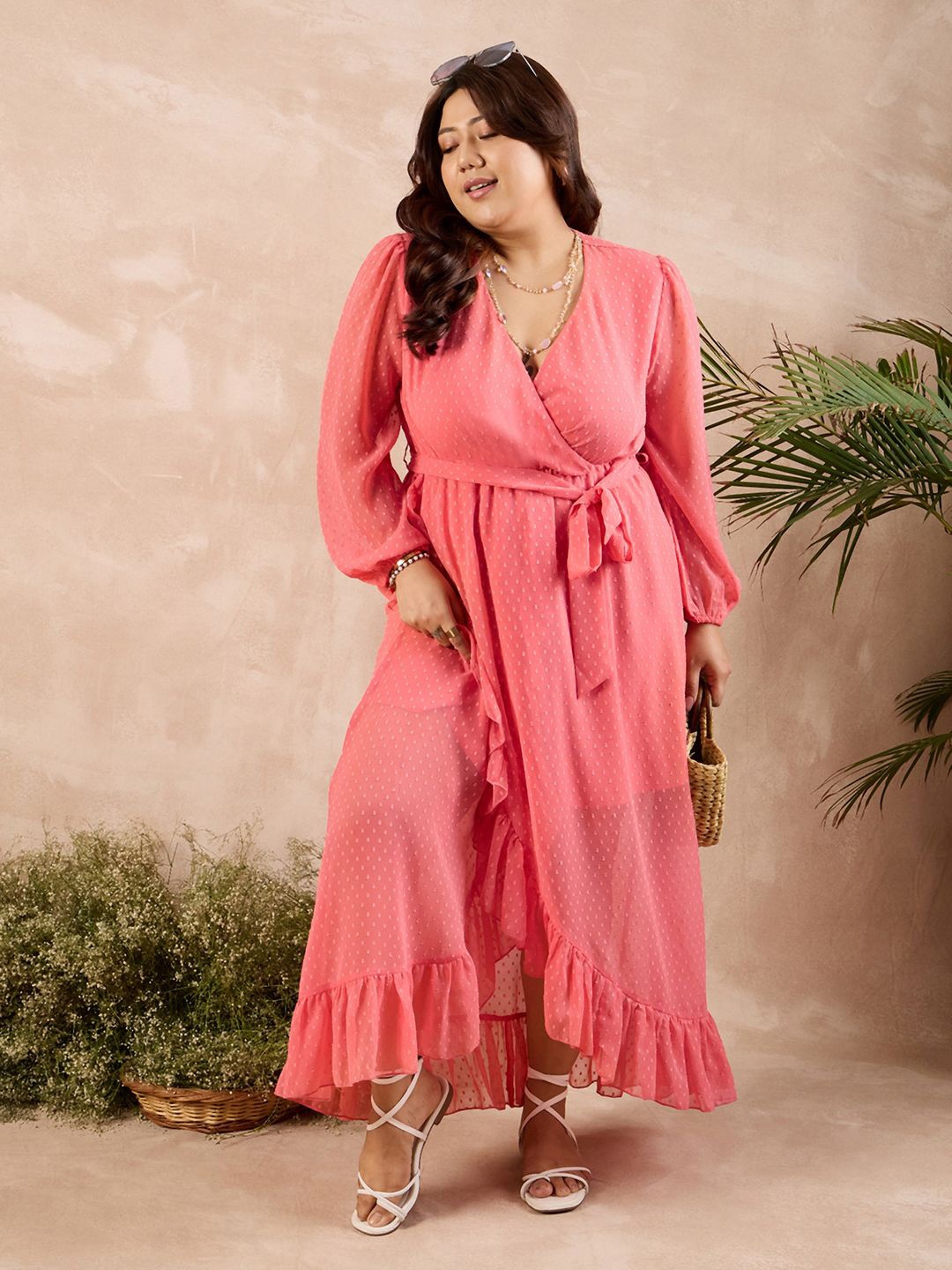 

Berrylush Curve Women V-Neck Puff Sleeves Maxi Wrap Dress, Pink