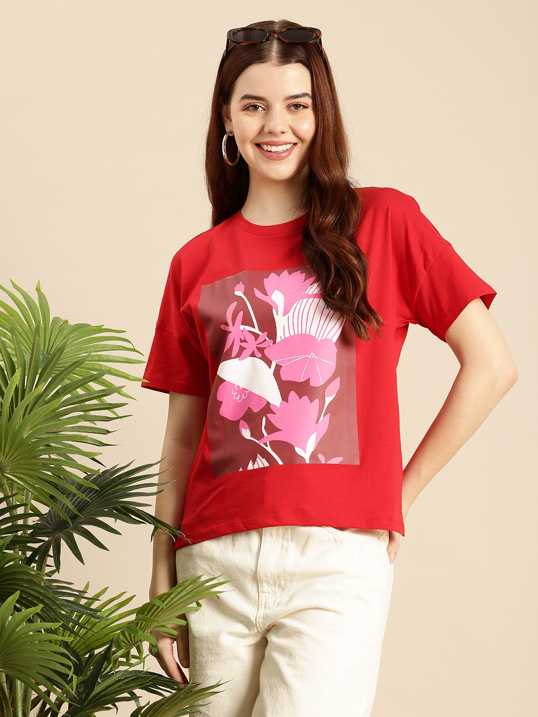 

Mast & Harbour Graphic Floral Printed Pure Cotton T-shirt, Red