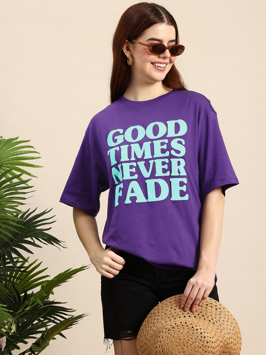 

Mast & Harbour Typography Printed Drop-Shoulder Sleeves Pure Cotton Oversized T-shirt, Purple