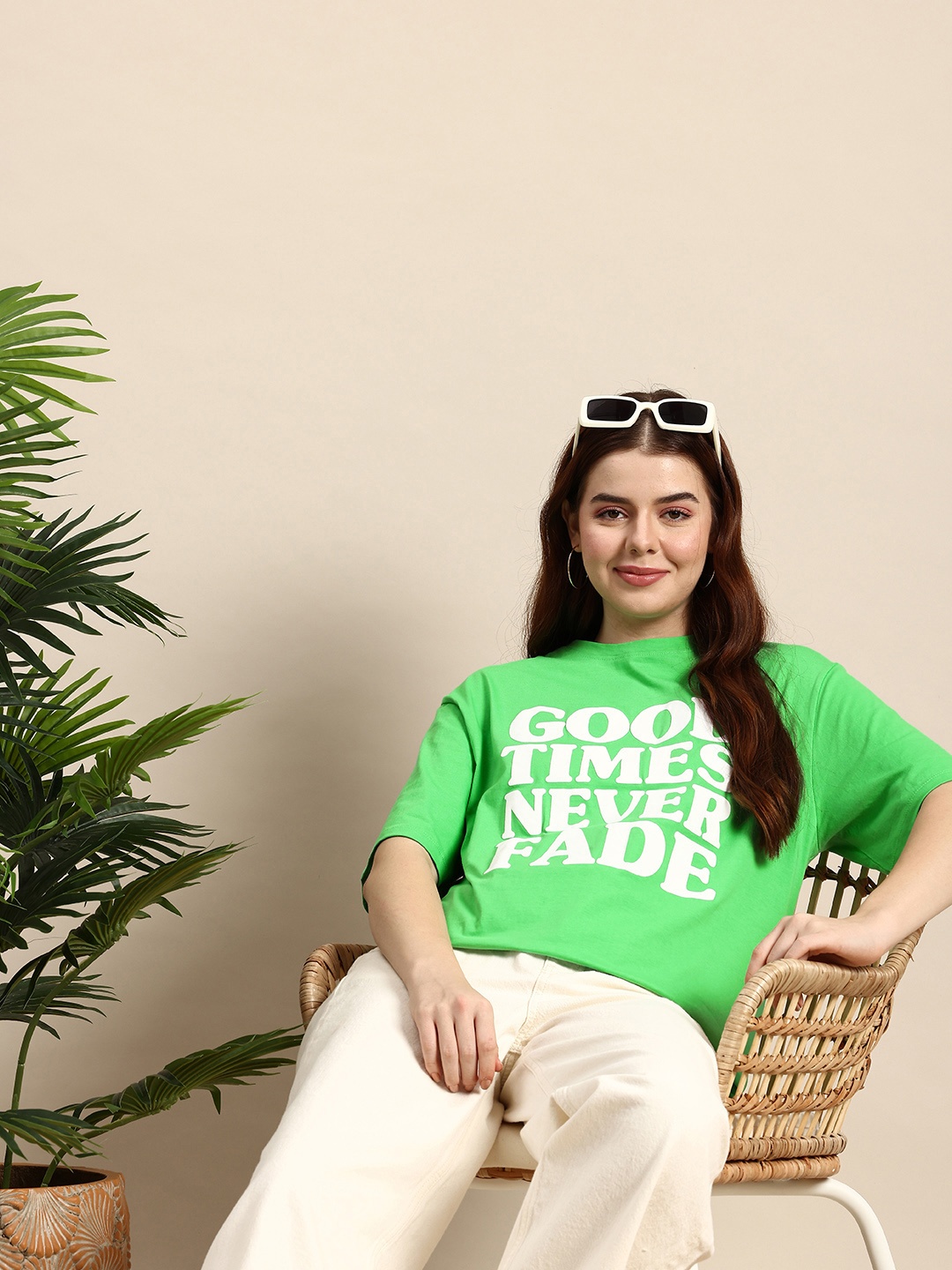 

Mast & Harbour Typography Printed Drop-Shoulder Sleeves Oversized Pure Cotton T-shirt, Green