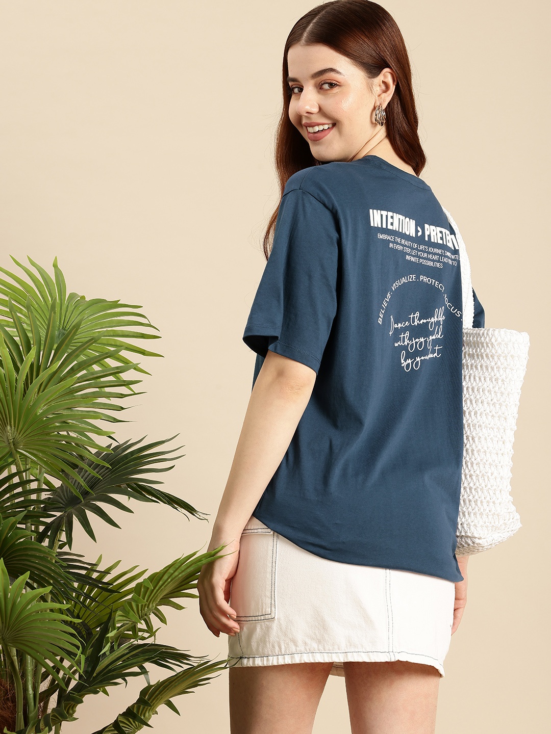 Mast & Harbour Typography Printed Drop-Shoulder Sleeves Relaxed Fit Pure Cotton T-shirt, Blue