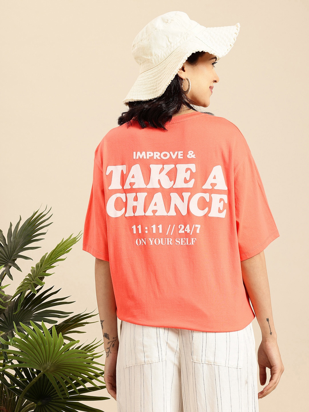 

Mast & Harbour Pure Cotton Typography Printed Drop-Shoulder Sleeves Oversized T-shirt, Orange