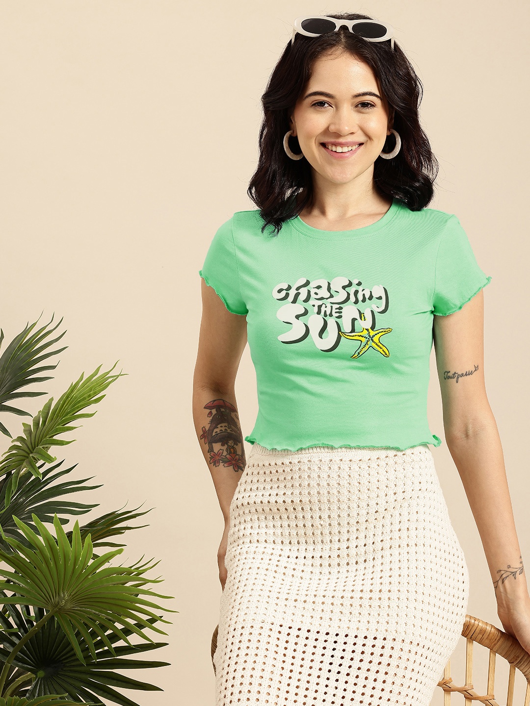 

Mast & Harbour Pure Cotton Typography Printed Crop T-shirt, Sea green