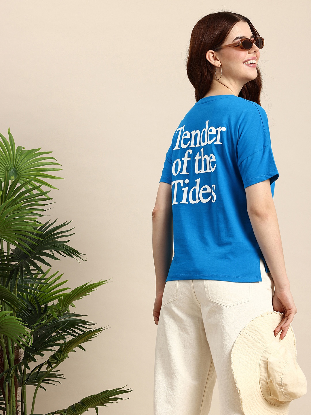 

Mast & Harbour Typography Printed Drop-Shoulder Sleeves Pure Cotton T-shirt, Blue