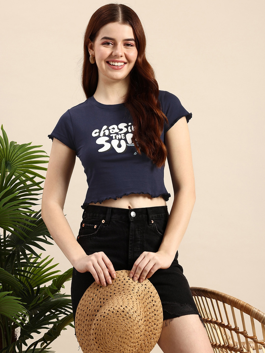 

Mast & Harbour Typography Printed Pure Cotton Crop T-shirt, Navy blue