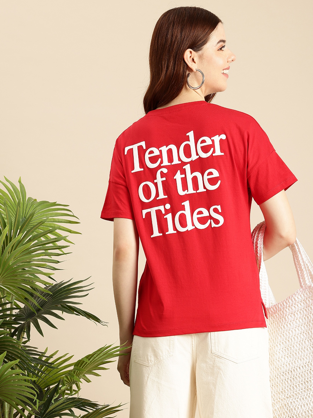 

Mast & Harbour Typography Printed Drop-Shoulder Sleeves Pure Cotton T-shirt, Red