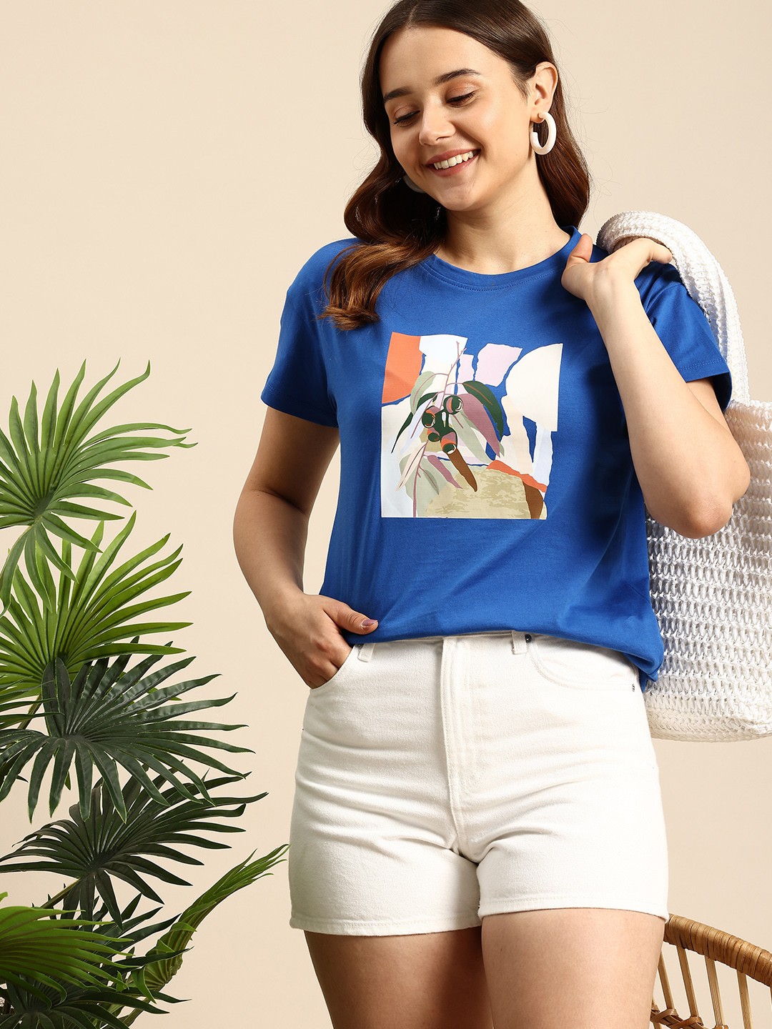 

Mast & Harbour Printed Drop-Shoulder Sleeves Pure Cotton Relaxed Fit T-shirt, Blue
