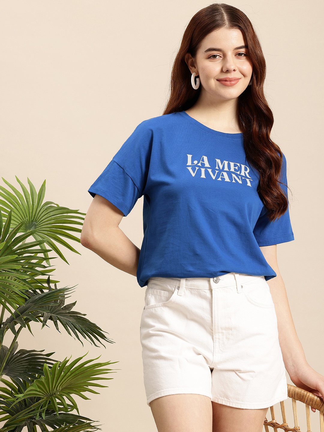 

Mast & Harbour Typography Printed Drop-Shoulder Sleeves Pure Cotton T-shirt, Blue