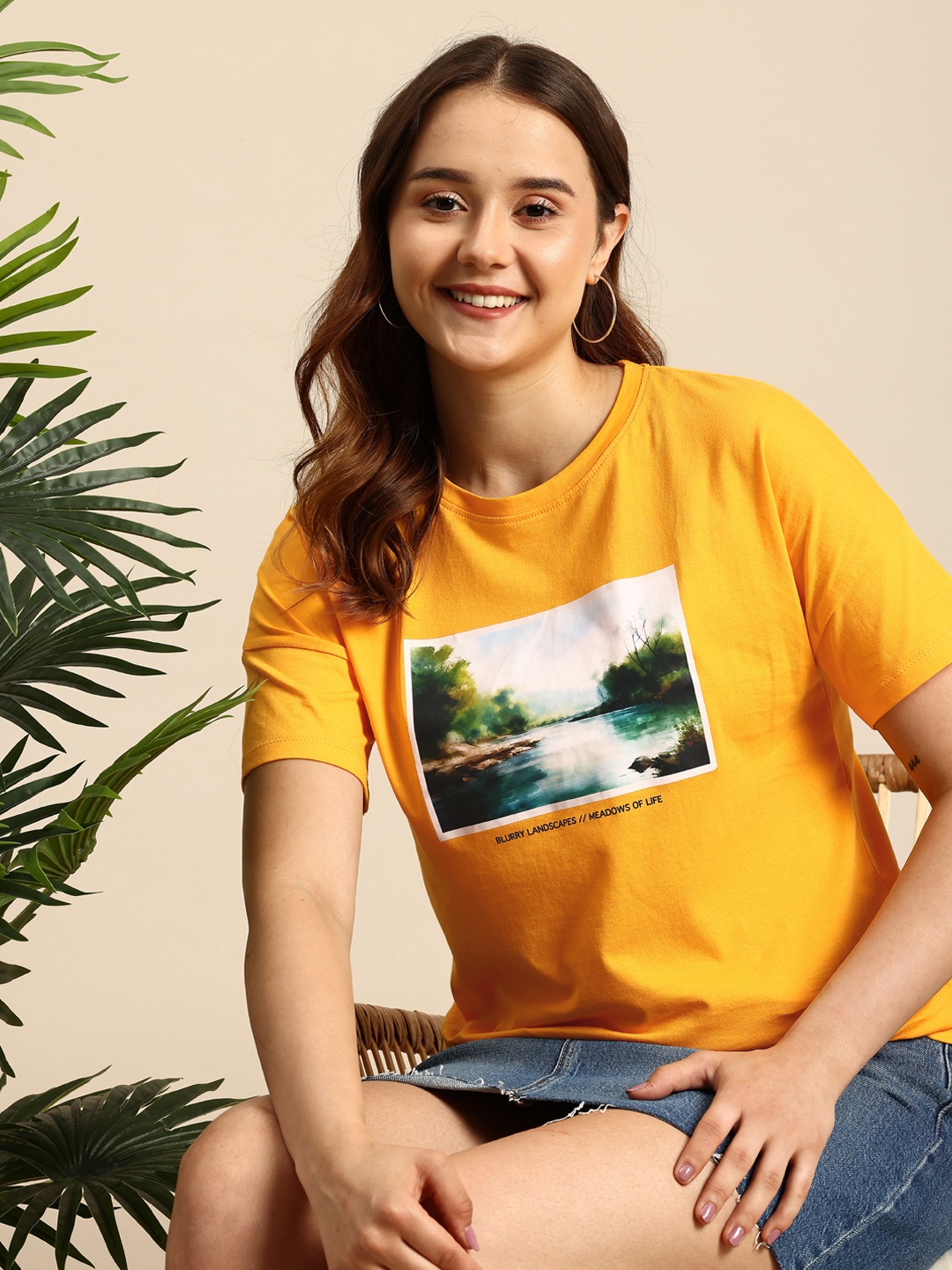 

Mast & Harbour Printed Drop-Shoulder Sleeves Pure Cotton Relaxed Fit T-shirt, Yellow