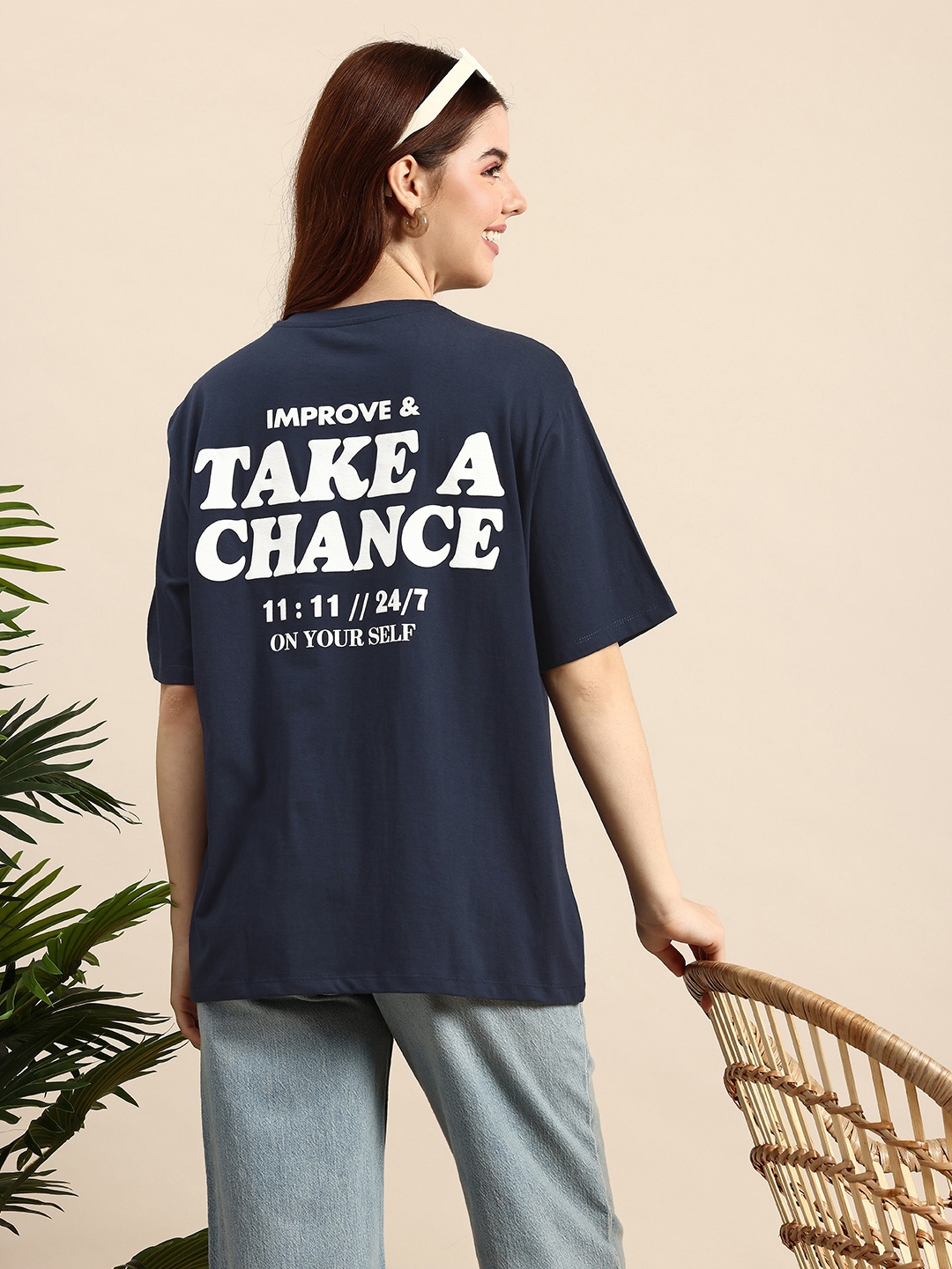 

Mast & Harbour Typography Printed Drop-Shoulder Sleeves Pure Cotton Oversized T-shirt, Navy blue