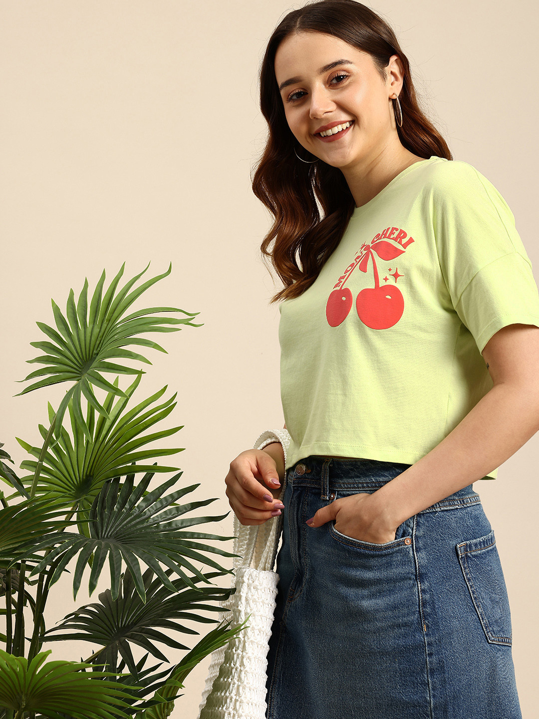 

Mast & Harbour Printed Drop-Shoulder Sleeves Pure Cotton Boxy T-shirt, Green