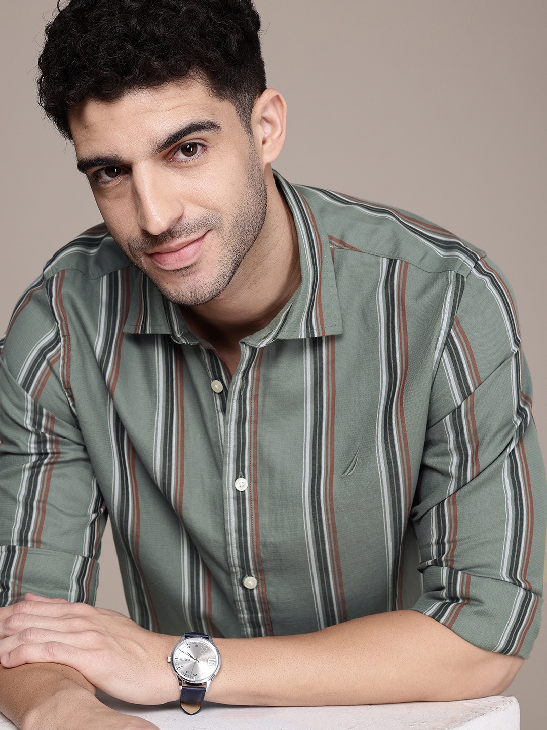 

Nautica Classic Vertical Stripes Pure Cotton Casual Shirt, Green