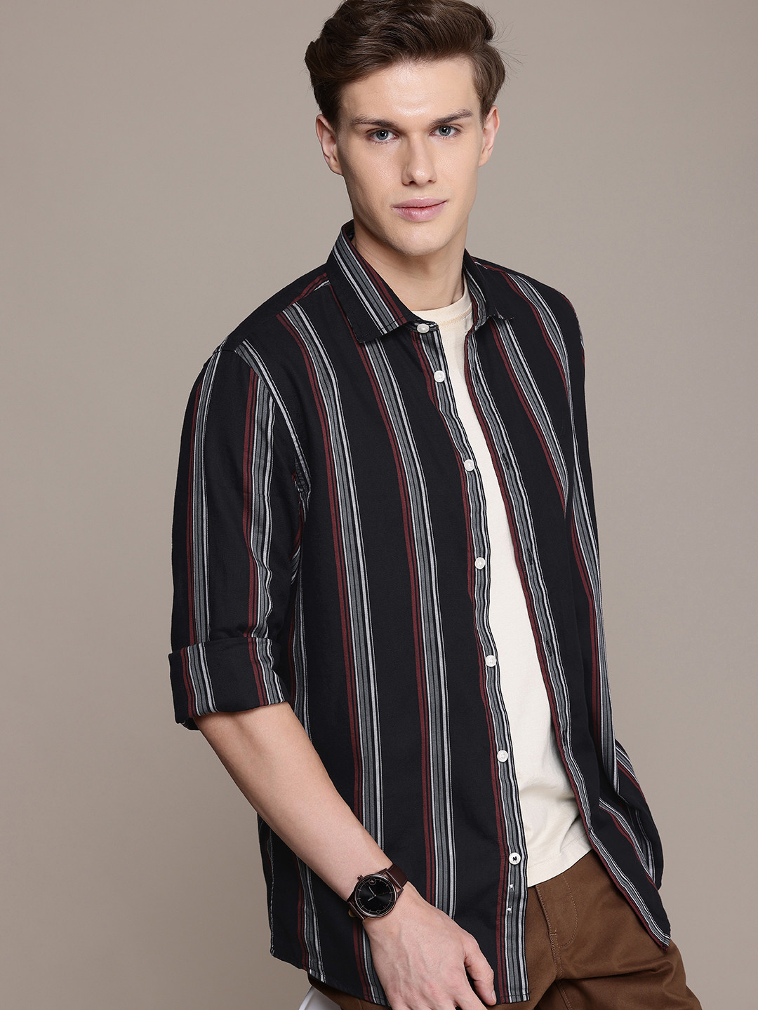 

Nautica Pure Cotton Classic Opaque Striped Casual Shirt, Black