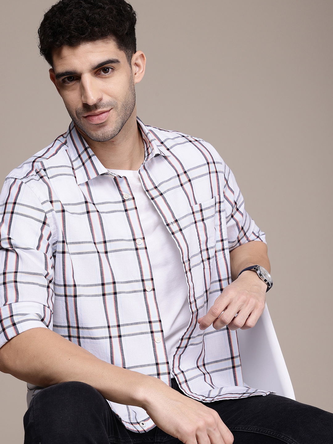 

Nautica Classic Checked Pure Cotton Casual Shirt, White