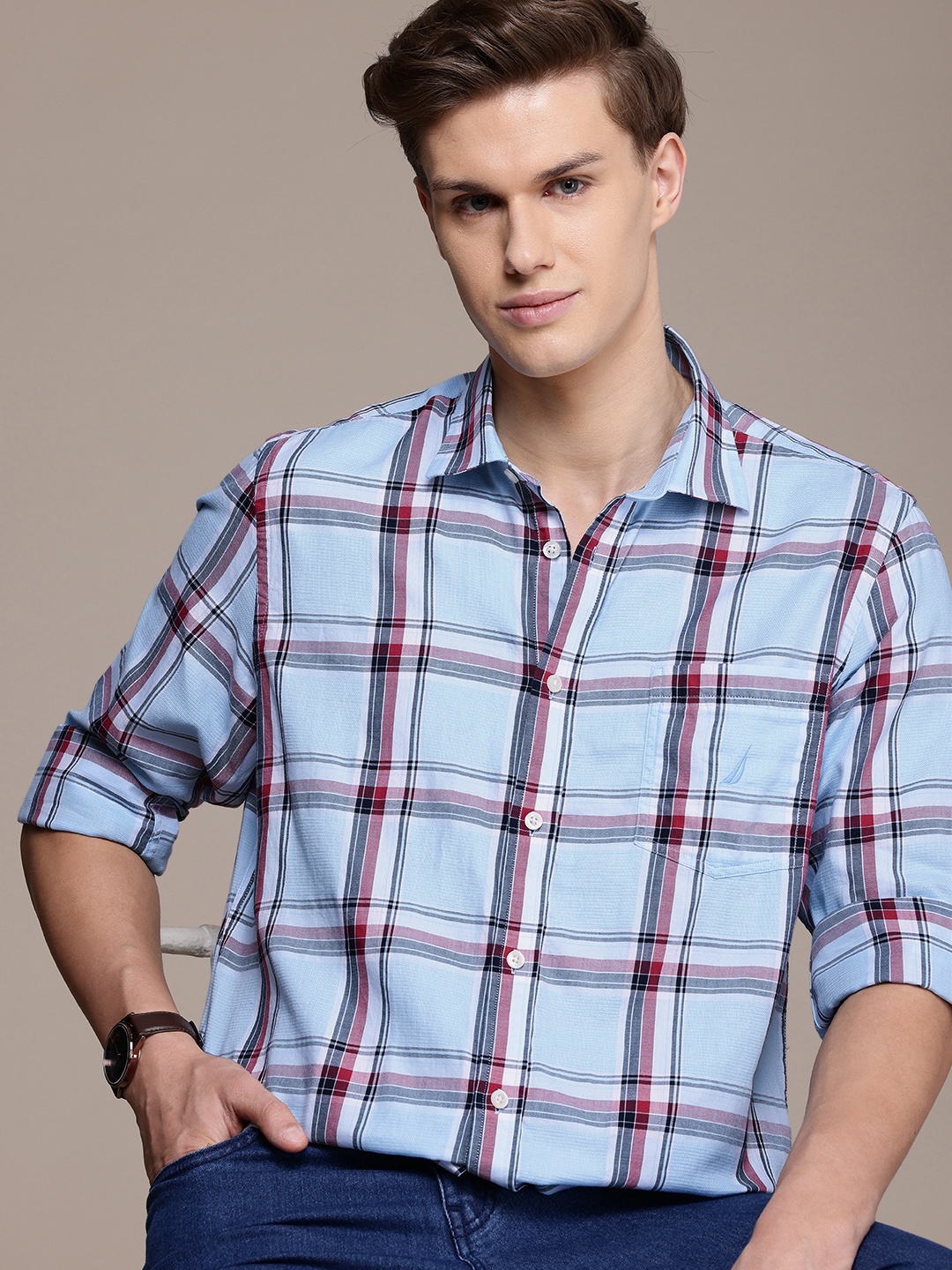 

Nautica Classic Fit Checked Pure Cotton Casual Shirt, Blue