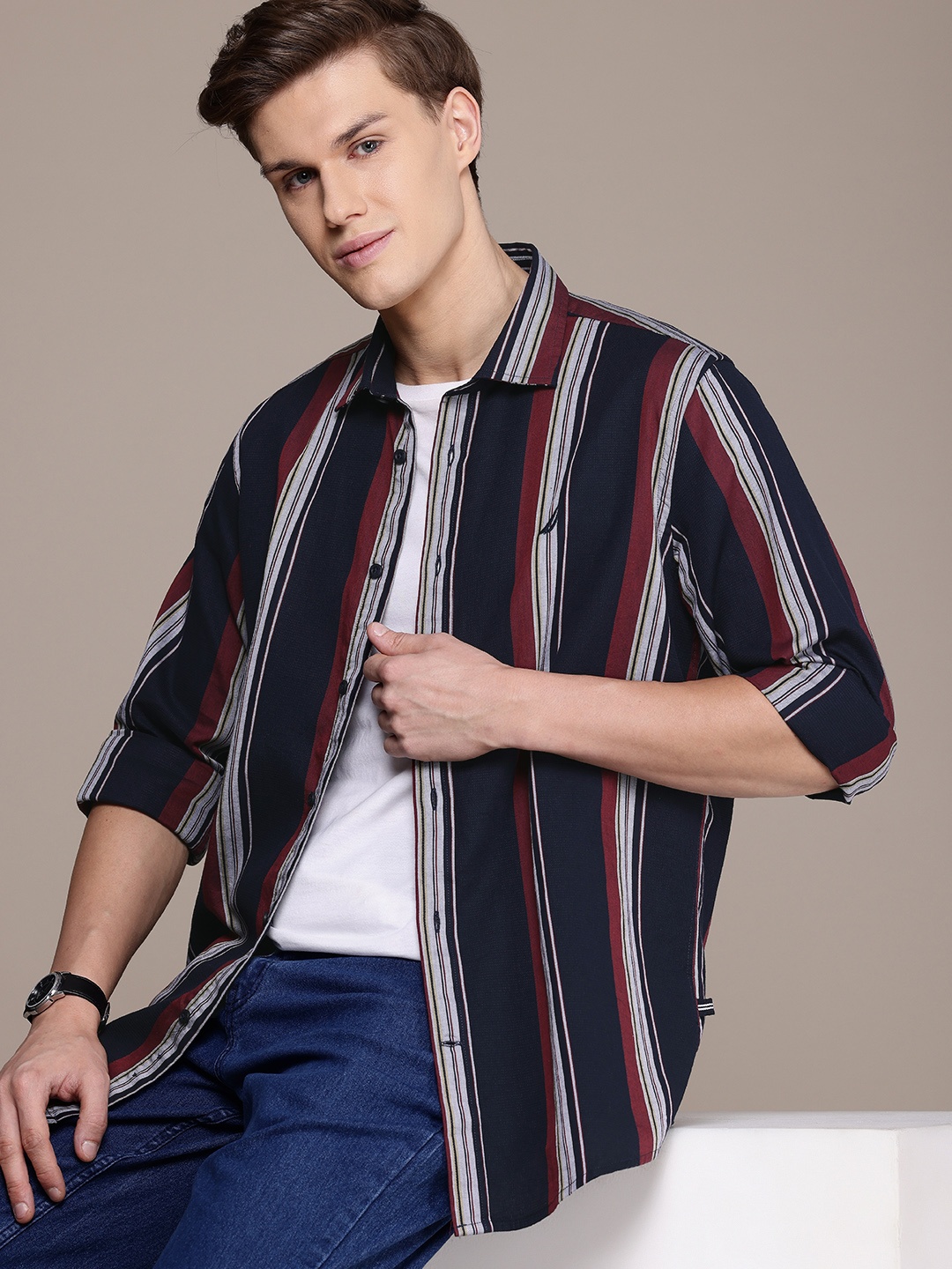 

Nautica Classic Fit Striped Pure Cotton Casual Shirt, Navy blue
