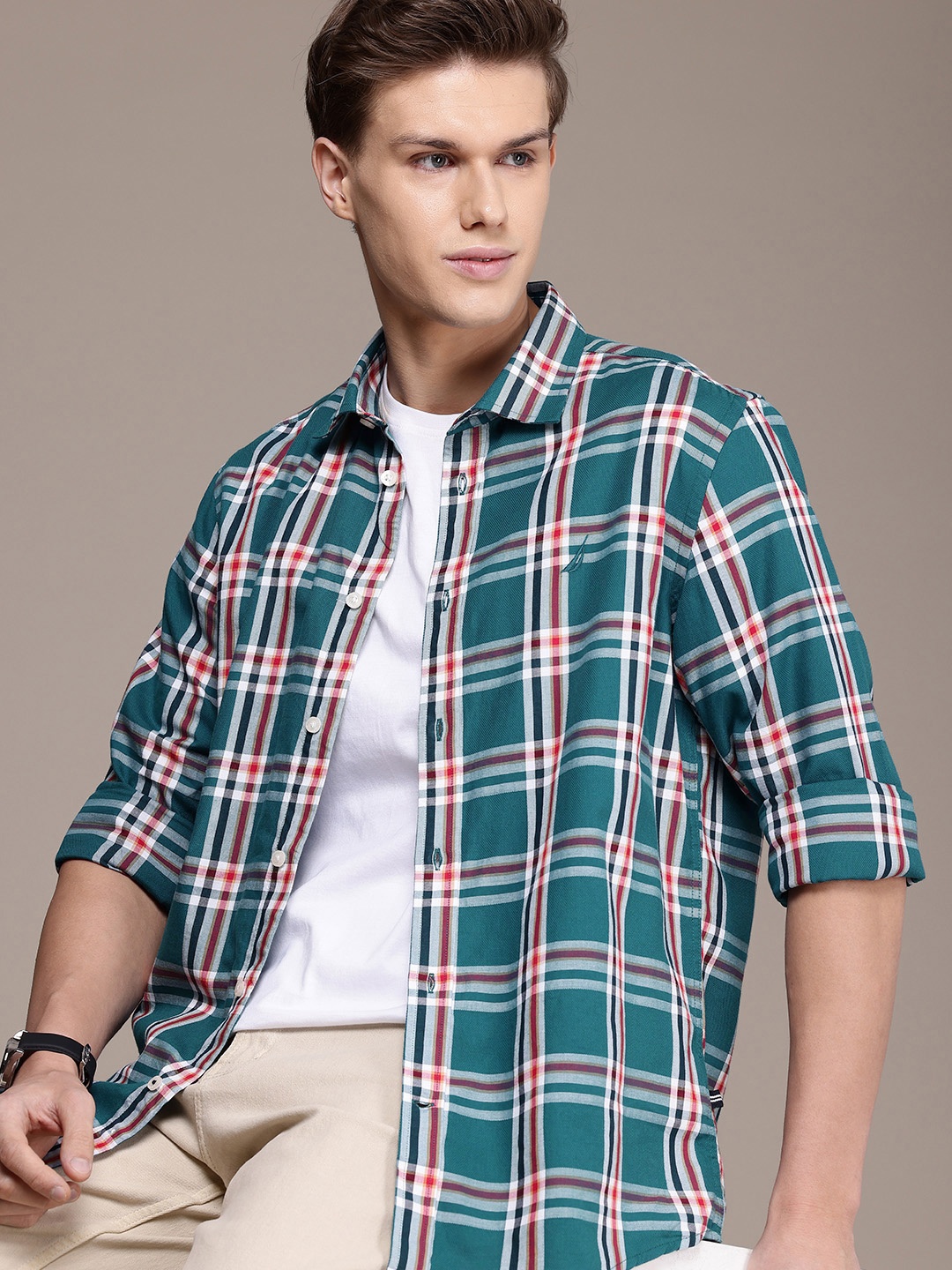 

Nautica Pure Cotton Classic Opaque Checked Casual Shirt, Teal