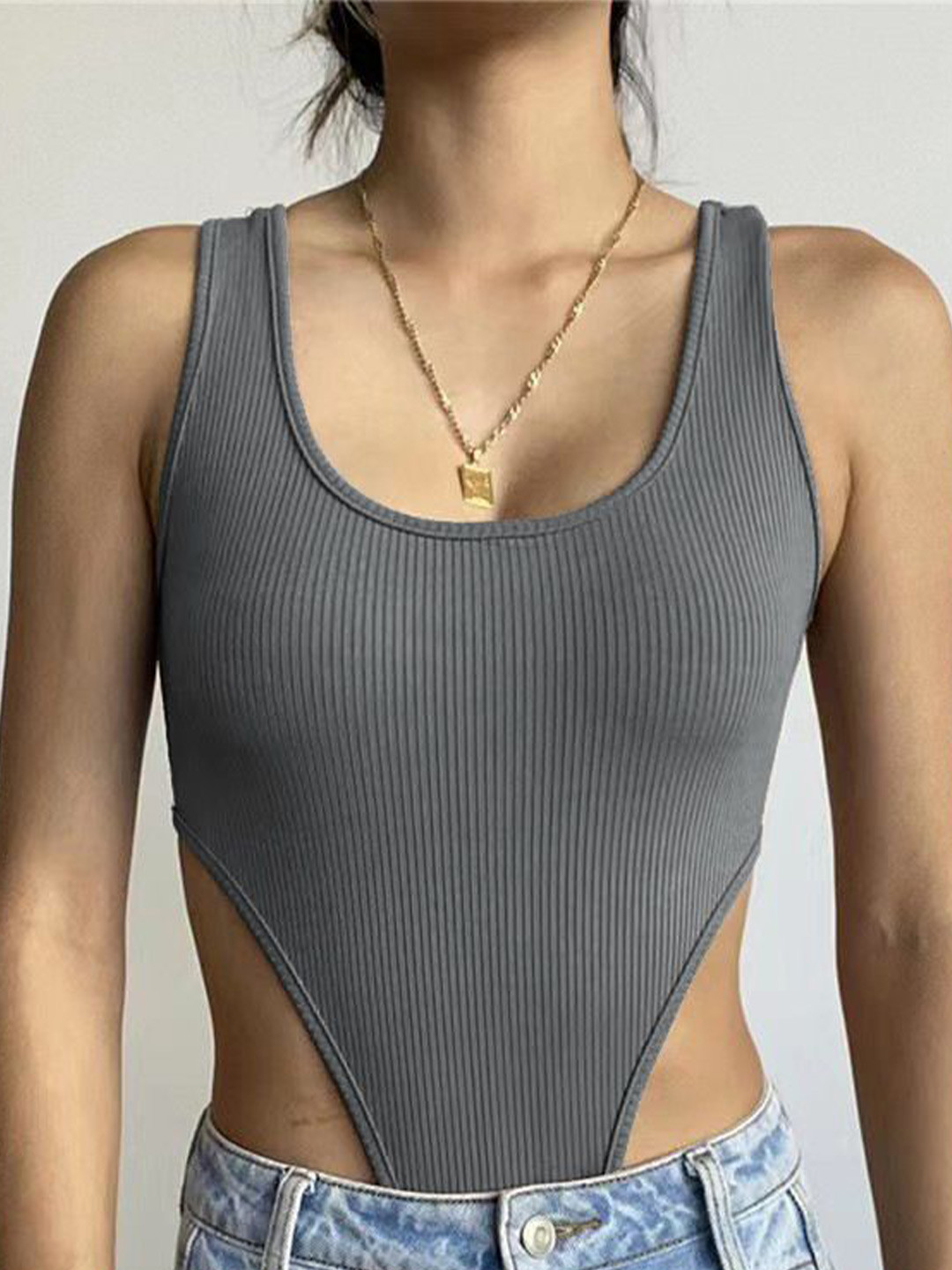 

StyleCast x Revolte Women Self Design Sleeveless Scoop Neck Bodysuit, Grey