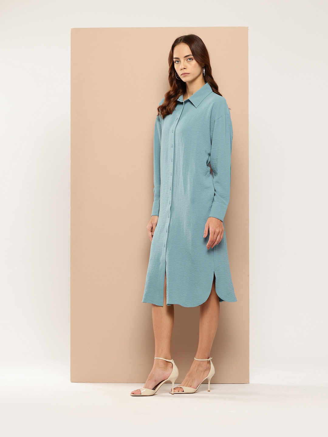 

her by invictus Crinkled Shirt Dress, Blue