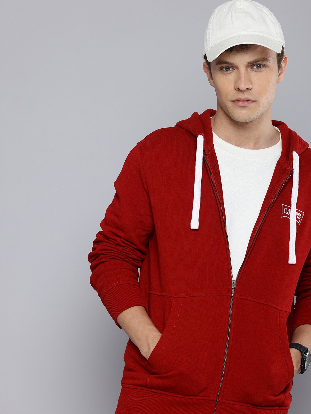 

Levis Pure Cotton Front Open Hooded Sweatshirt, Red