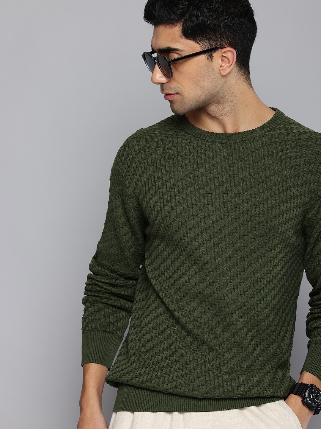 

Levis Pure Cotton Self Design Textured Pullover Sweaters, Olive
