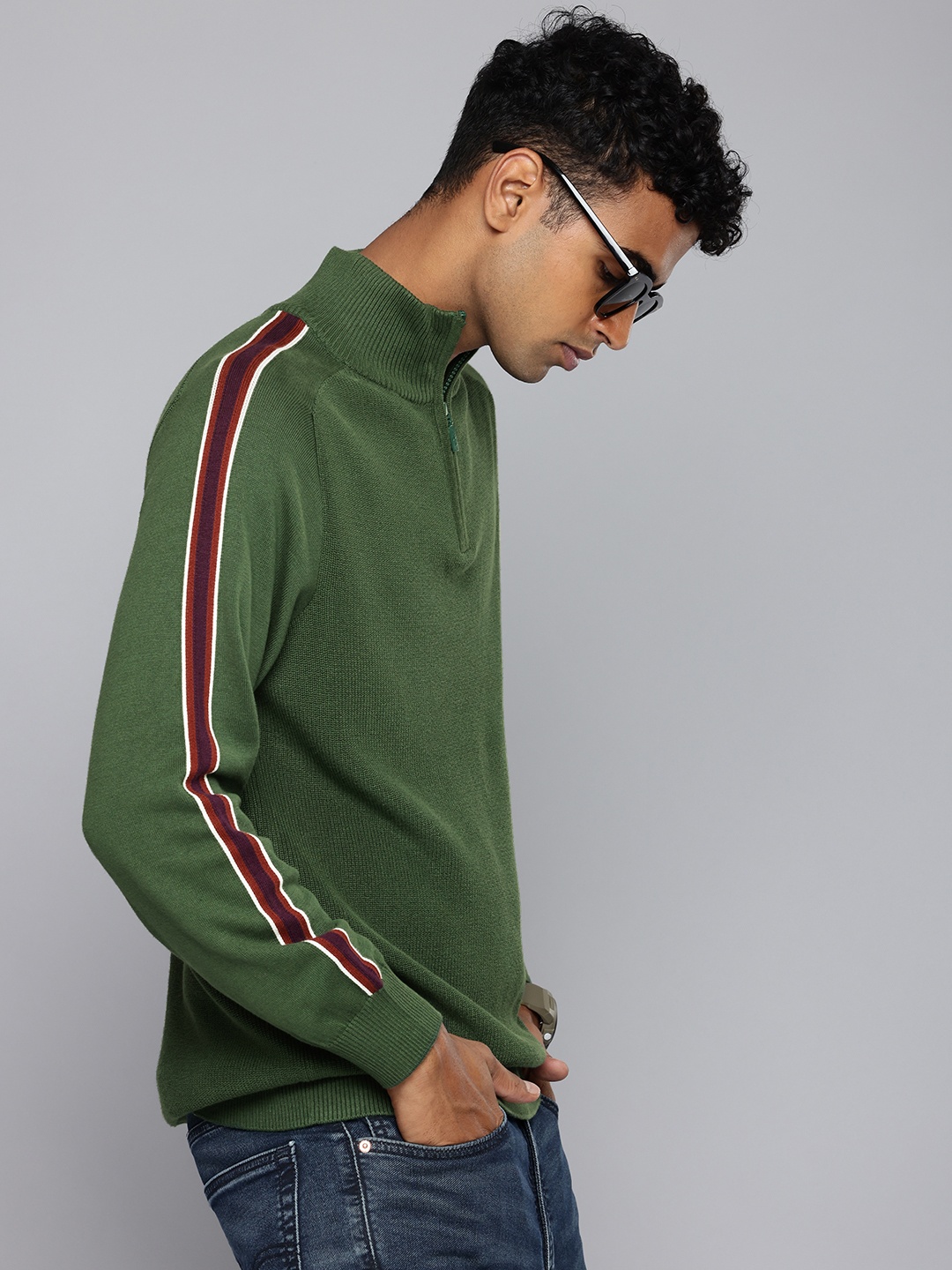 

Levis Pure Cotton Striped Pullover Sweaters, Green