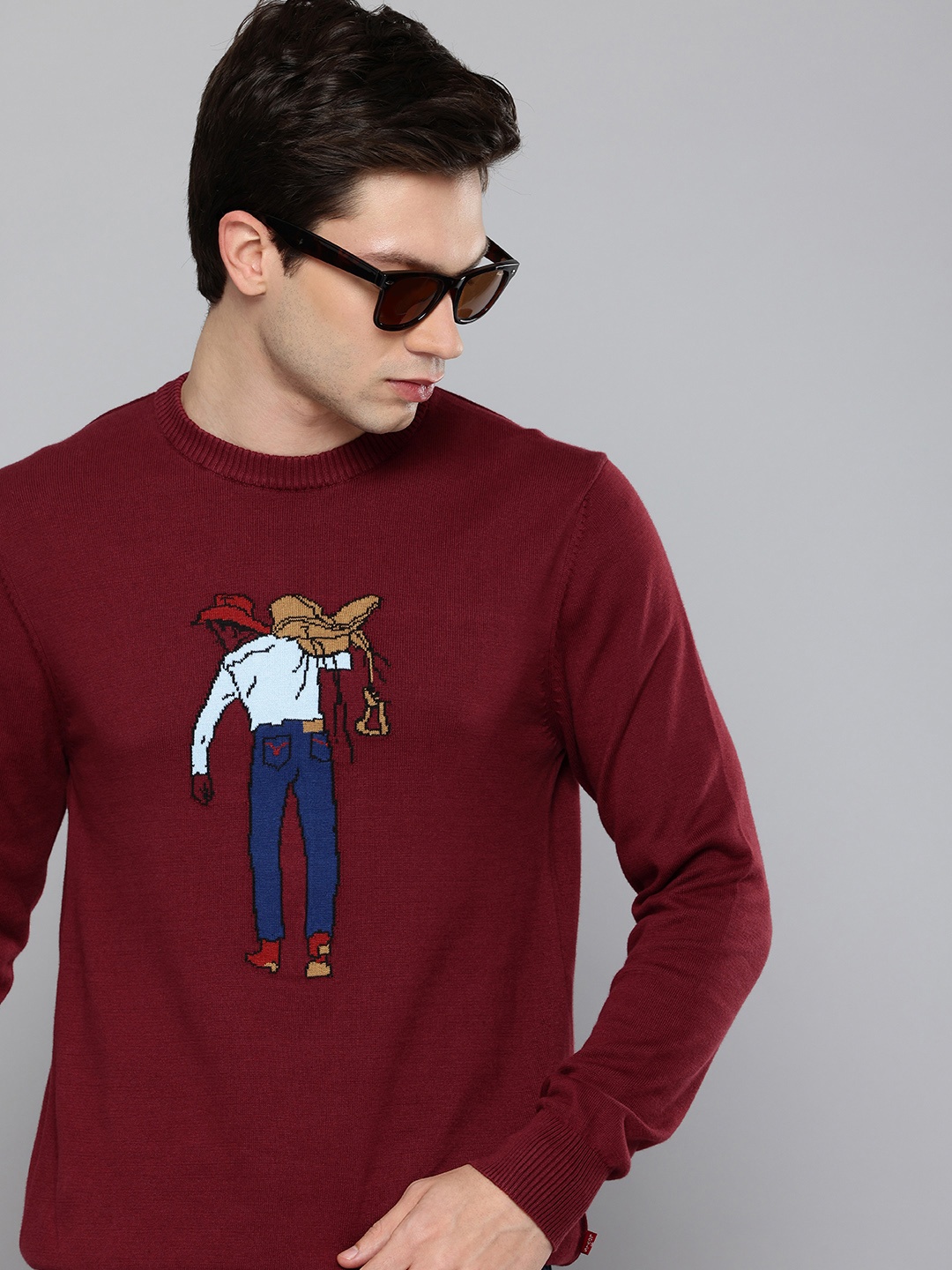 

Levis Pure Cotton Graphic Knitted Sweaters, Maroon