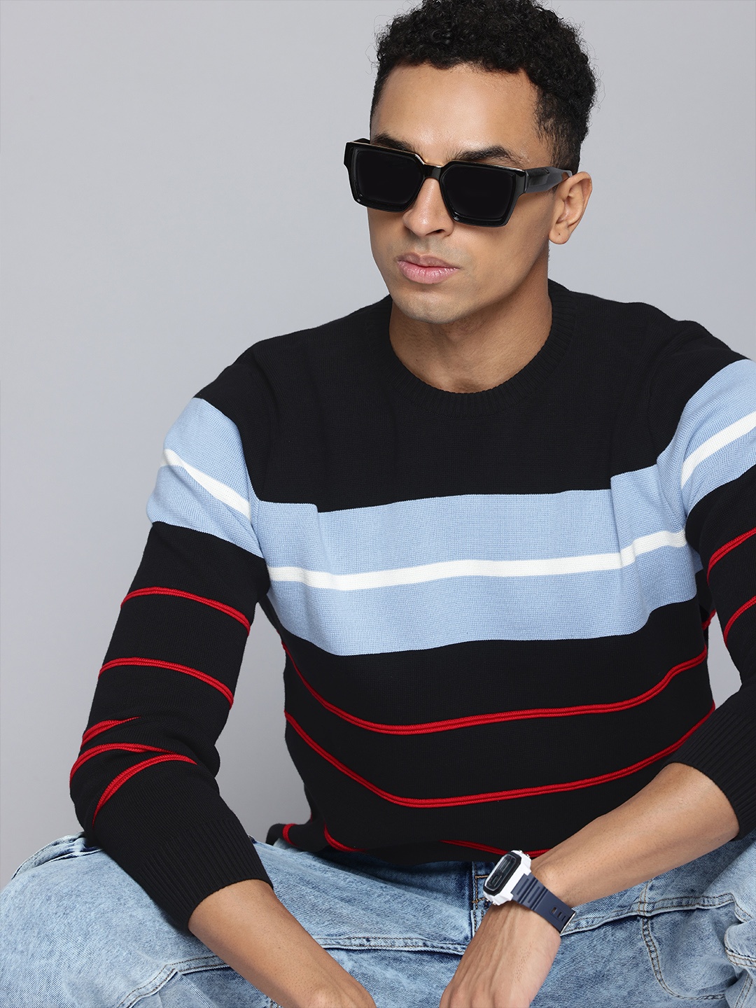 

Levis Pure Cotton Striped Pullover Sweater, Black