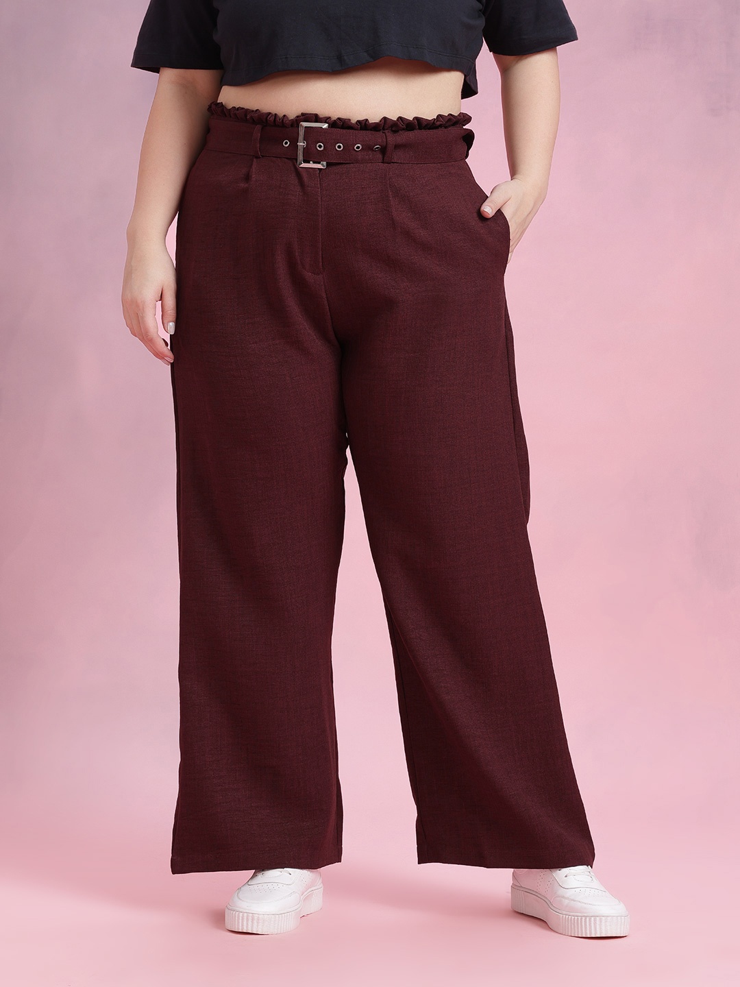 

DressBerry Curve Women Plus Size Straight Fit Pleated Trousers, Burgundy