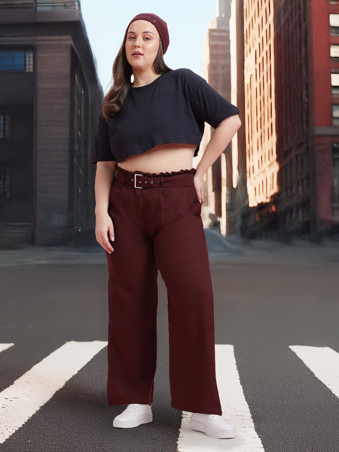 DressBerry Curve Women Plus Size Straight Fit Pleated Trousers, Burgundy