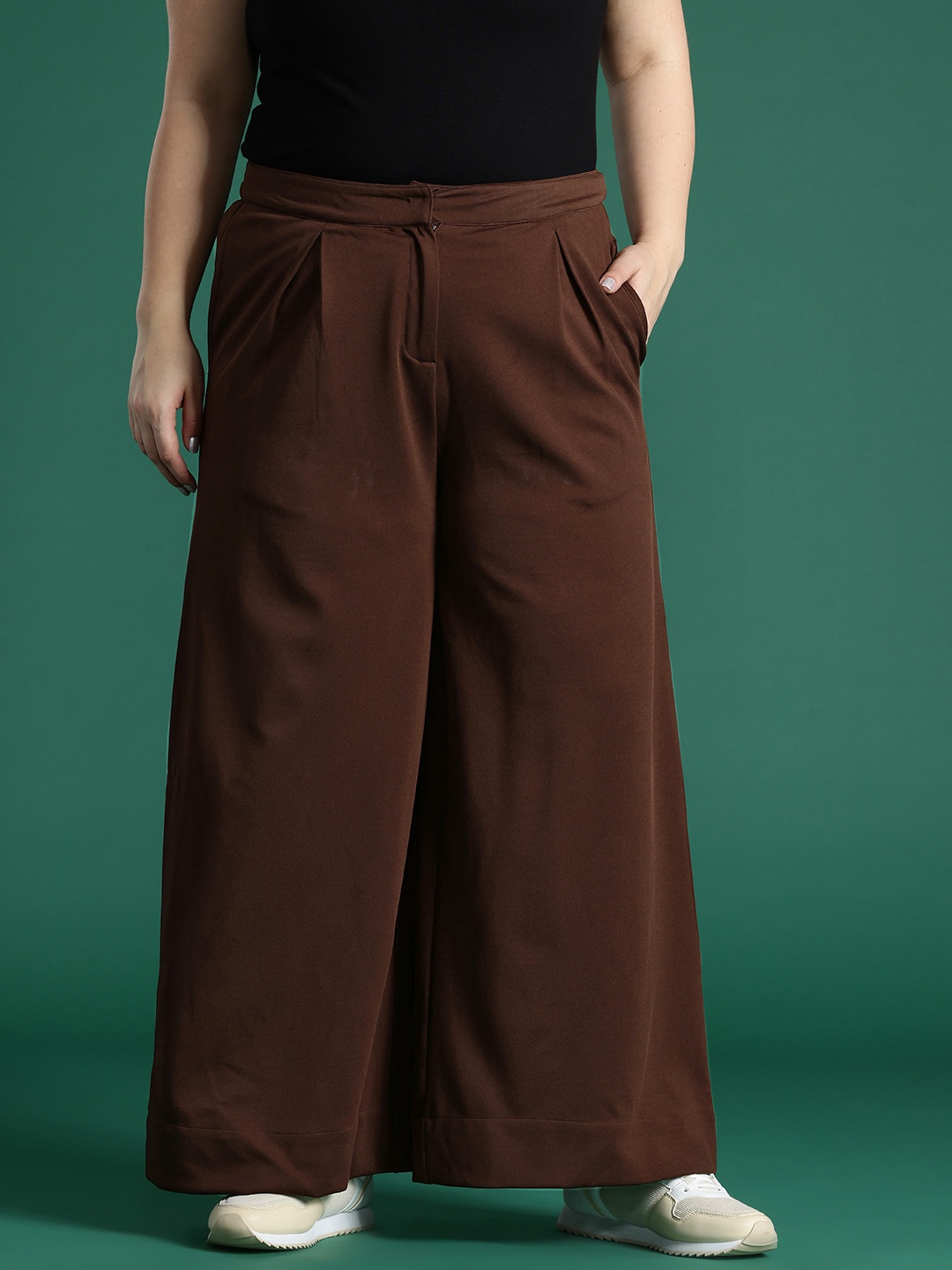 

DressBerry Curve Plus Size Women Pleated Wide Leg Trousers, Coffee brown