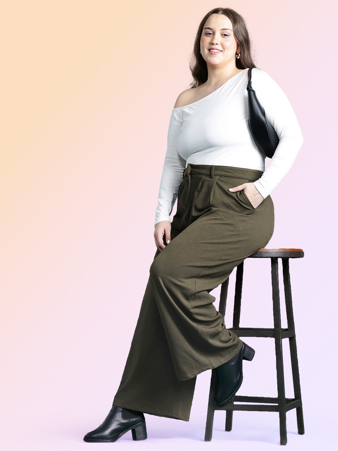 

DressBerry Curve Women Wide Leg Trousers, Olive
