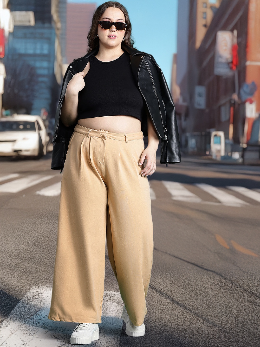 

DressBerry Curve Women Wide Leg Trousers, Beige