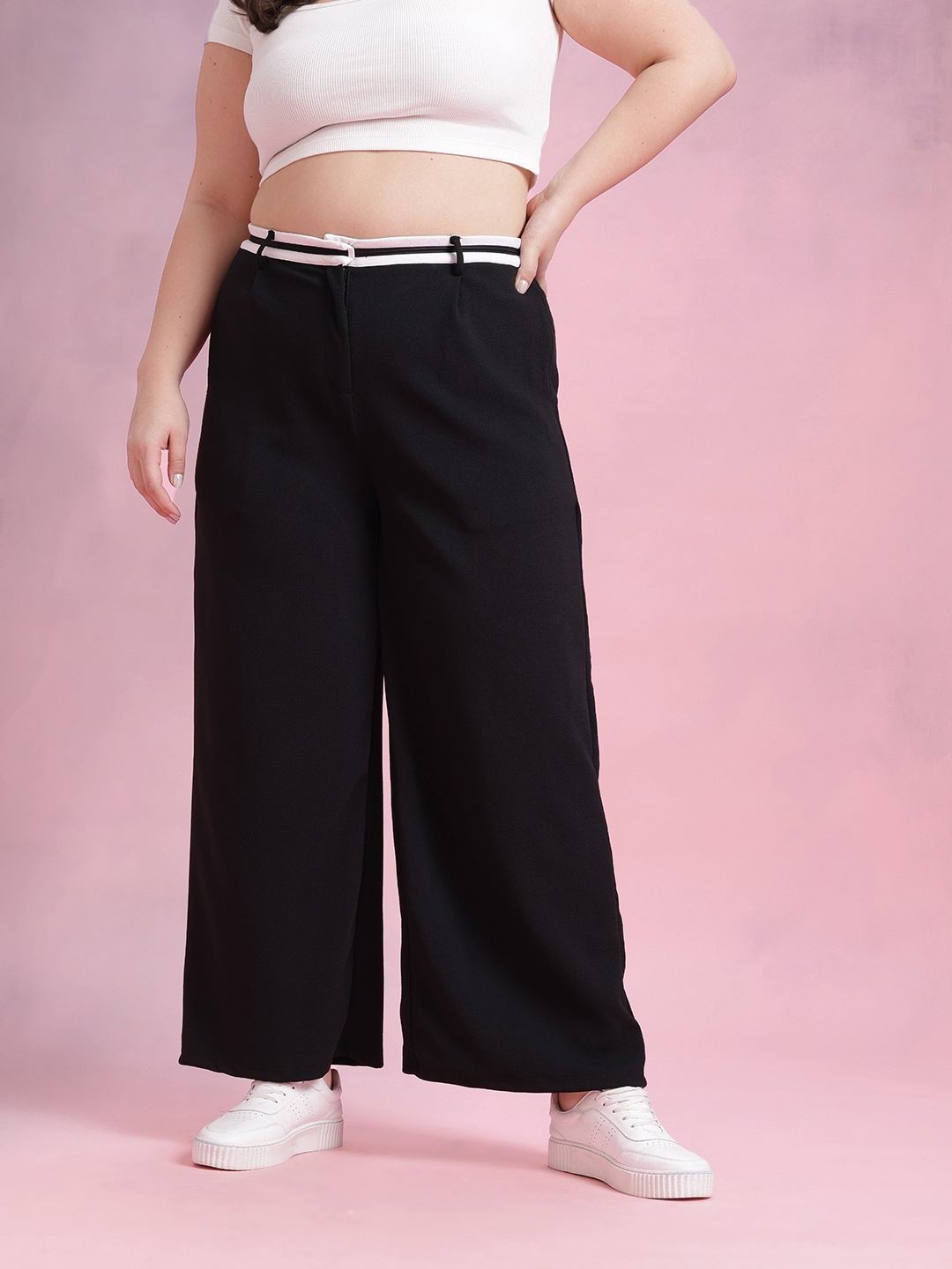 

DressBerry Curve Women Contrast Waistband Trousers, Black